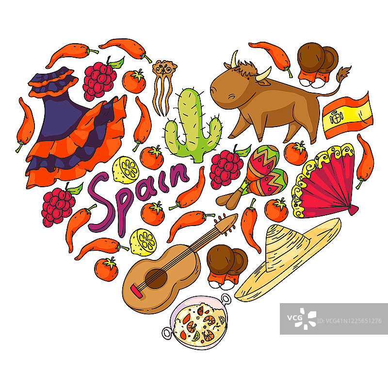 西班牙矢量模式。西班牙传统符号和物体。图片素材