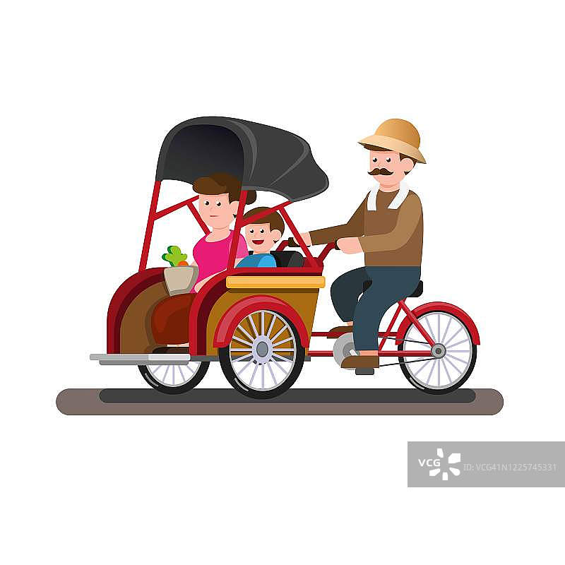 贝克或骗术印度尼西亚传统公共交通与乘客在卡通平面插图矢量孤立在白色背景图片素材