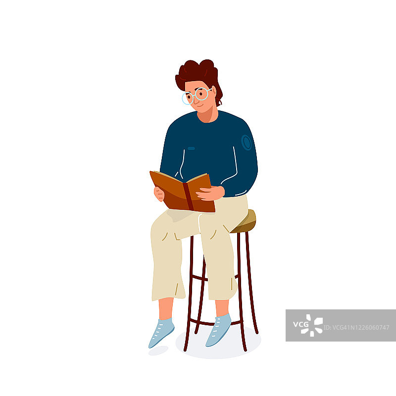 阅读书籍矢量插图。男孩舒舒服服地坐在椅子上看书。学生男学习知识。可爱的读者，平淡的文学与人的风格图片素材