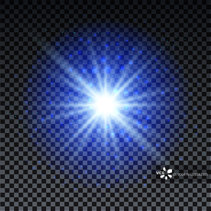 蓝色爆发在透明的背景与闪光和散景。蓝星辉光效果。魔术爆发的广告，邀请，海报和网络。未来向量设计图片素材