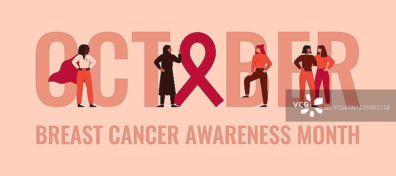 坚强的女性站在“十月”——乳腺癌宣传和预防月的横幅旁图片素材