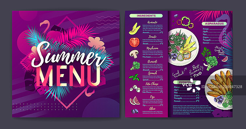 餐厅夏季热带梯度菜单设计与荧光热带树叶和火烈鸟。快餐菜单图片素材