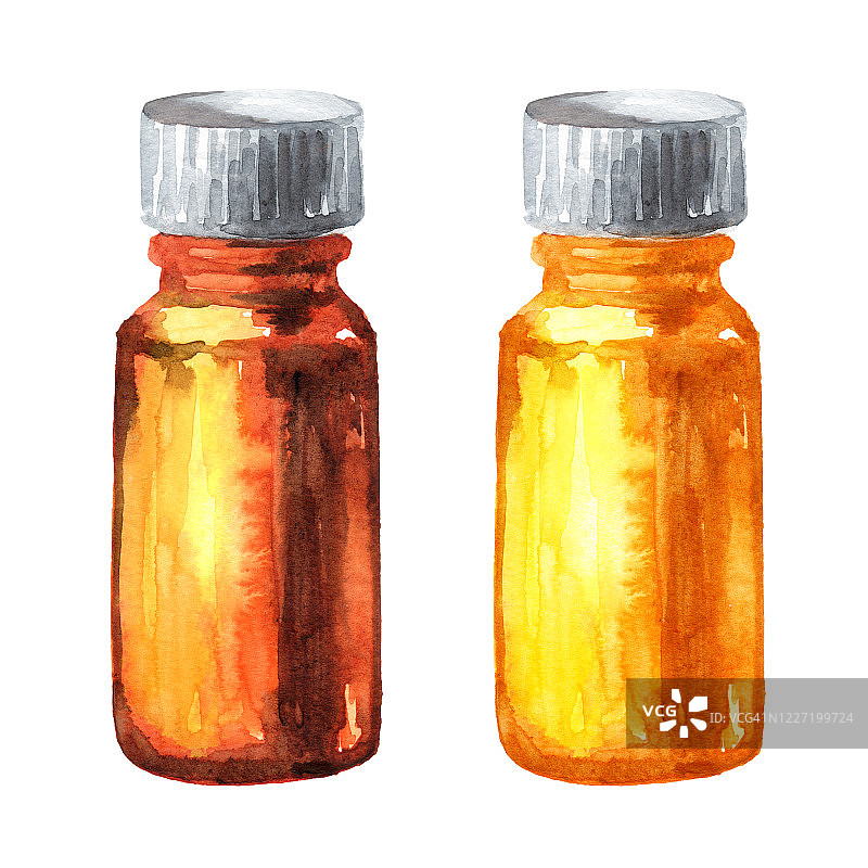 香油瓶或药酊、糖浆、滴剂。手绘水彩插图孤立的白色背景图片素材