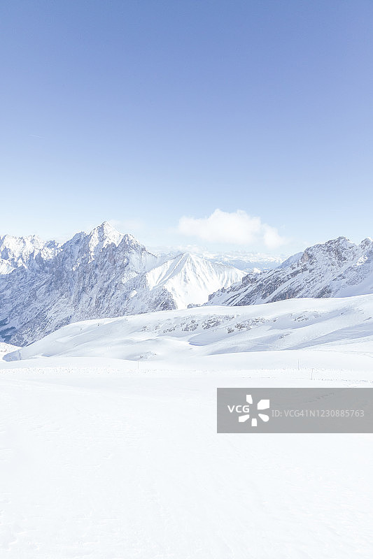 Zugspitze山的雪山全景。图片素材