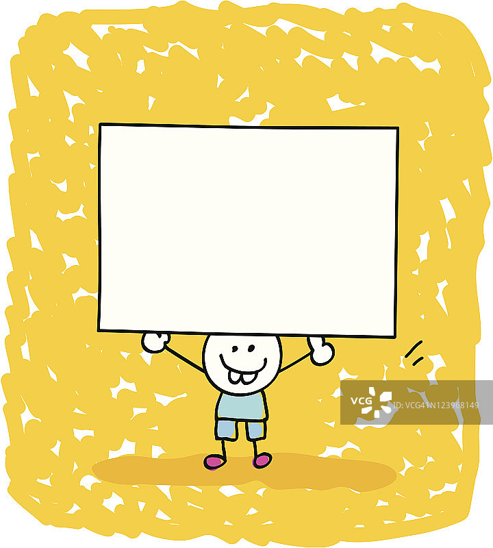 快乐的小男孩小孩拿着空白横幅卡通插图图片素材