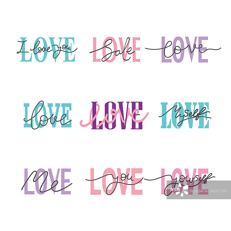 Set vector of love手绘字母孤立在白色背景上。图片素材