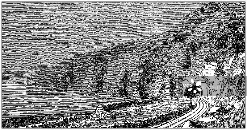 古董插图:从埃克塞特到普利茅斯的铁路图片素材
