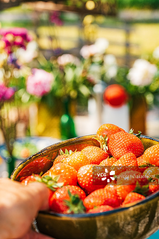 在夏日的阳光下，手里拿着一碗红色的草莓和一张装饰得五颜六色的桌子。图片素材