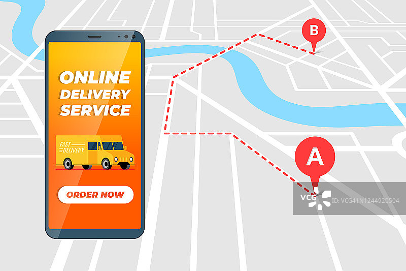 智能手机屏幕上的送货卡车在线订购服务应用程序。物流货物移动快递或货车包裹运输与路线地理标签gps定位针在城市地图矢量应用图片素材