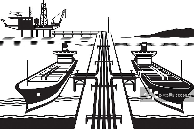 从海上石油钻井平台装载汽油的油轮图片素材
