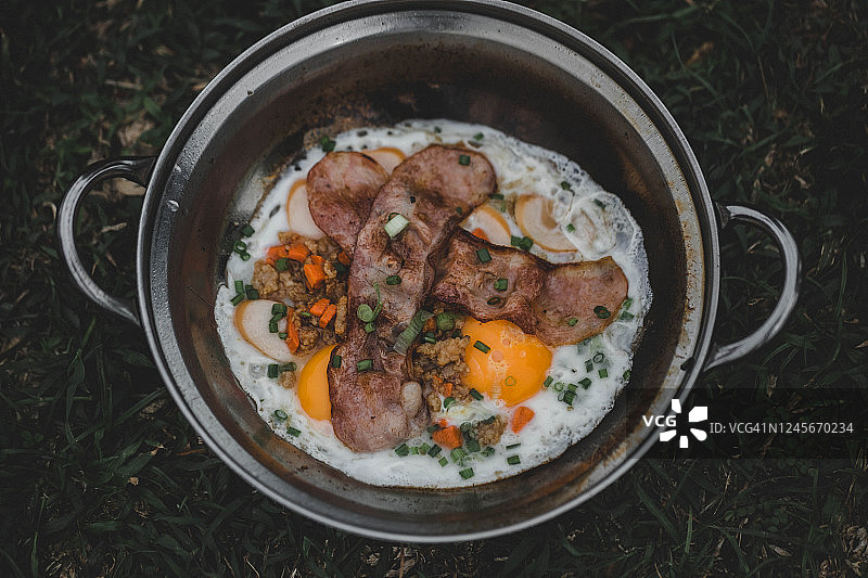的早餐。鸡蛋，培根和香肠放在平底锅里。图片素材