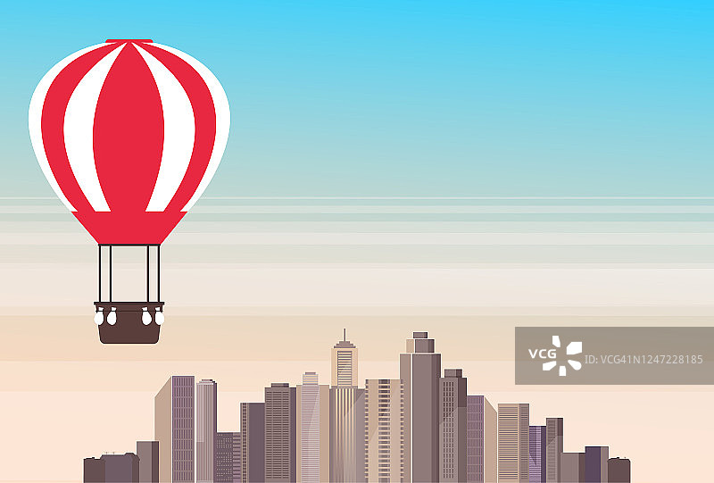 气球飞过城镇城市横幅海报。矢量平面卡通图形设计插图图片素材