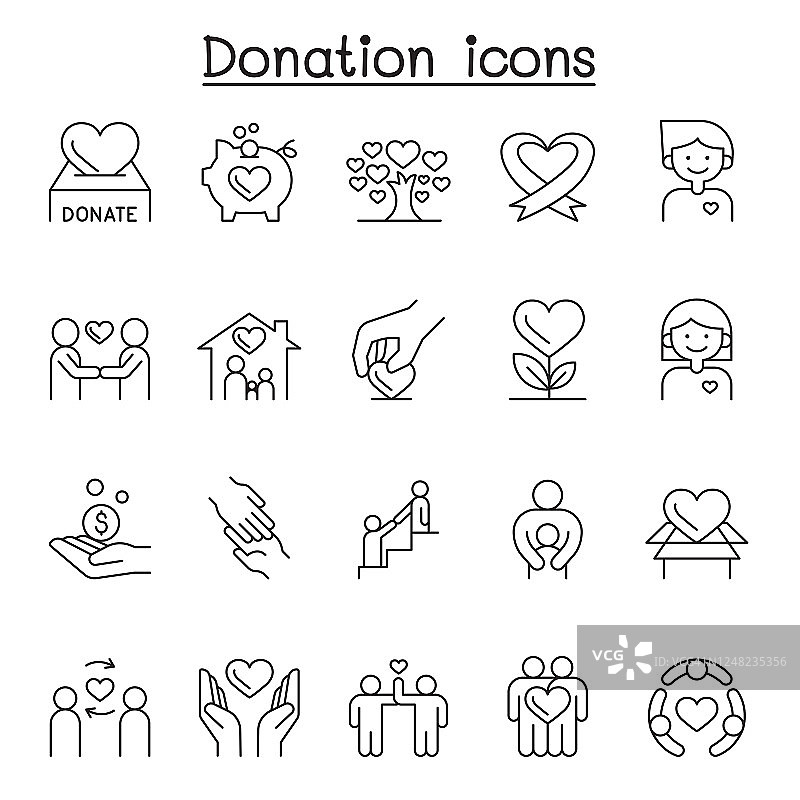 捐赠和慈善图标设置在细线风格图片素材