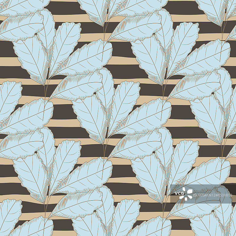 复古蓝叶无缝条纹背景图案。树叶的背景。秋天的花卉壁纸。图片素材