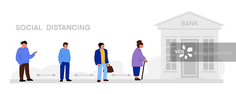 社会距离。男人和老妇人对银行保持一定距离。卫生保健的概念图片素材