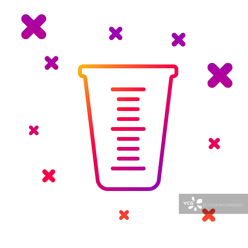 颜色线测量杯测量干和液体食品图标隔离在白色背景。带柄的塑料刻度烧杯。梯度随机动态形状。向量图片素材