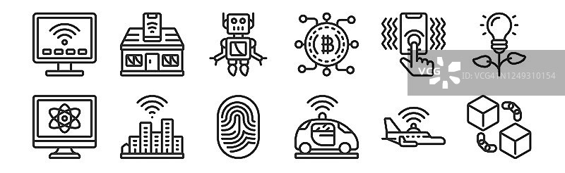 区块链app、自动驾驶汽车、智慧城市、触觉、机器人、网络、移动智能家居等12个细轮廓图标图片素材