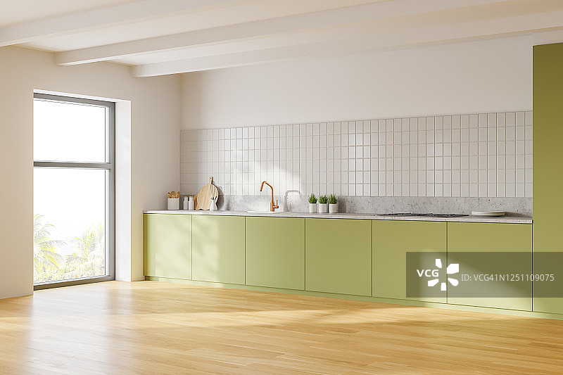 白色和绿色的厨房角落和台面图片素材