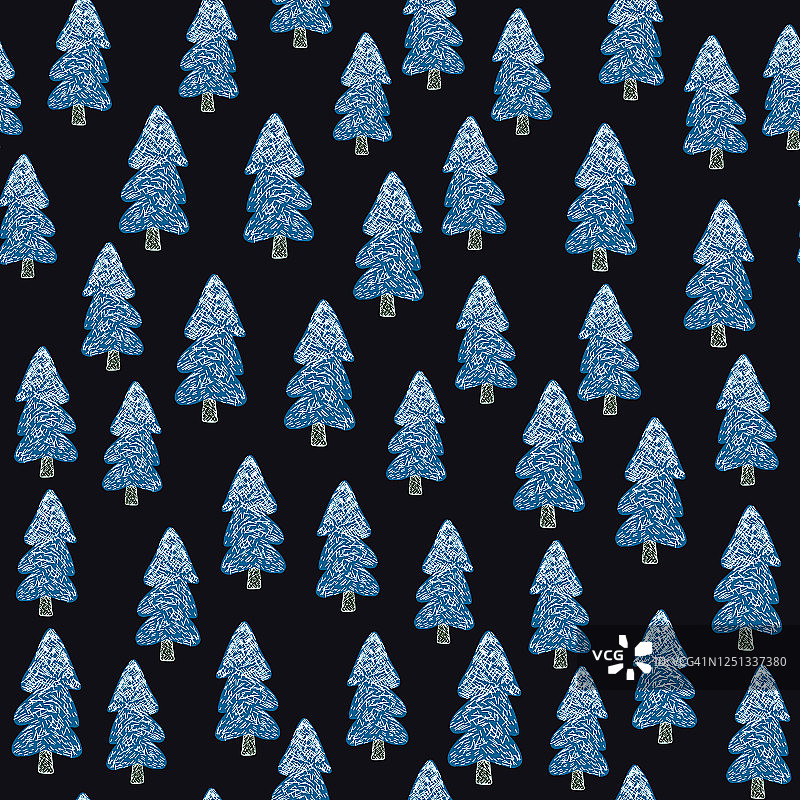 手绘冬季松树无缝模式上的黑色背景。圣诞假期森林矢量墙纸图片素材