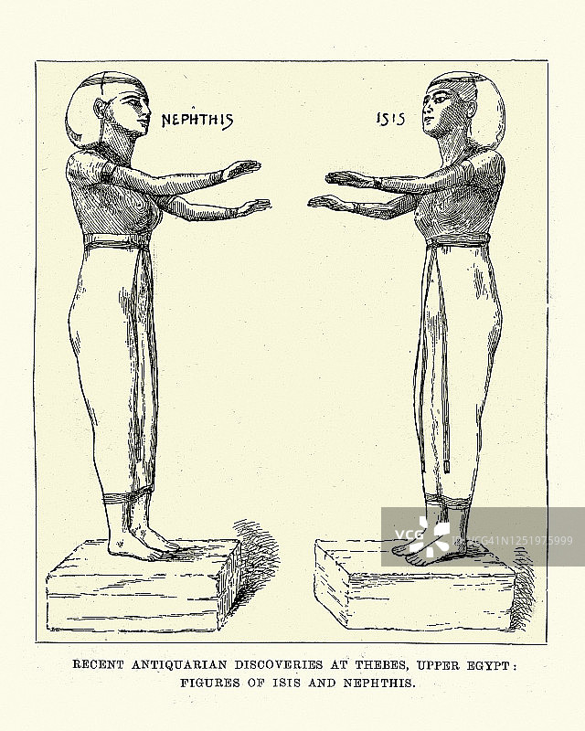 古埃及神话，女神伊希斯和内芙提斯的雕像图片素材