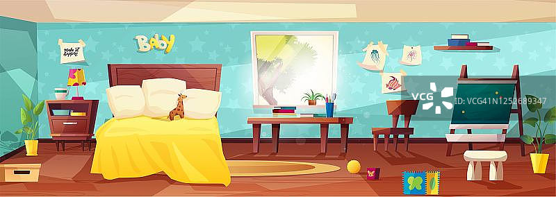 儿童房可爱舒适的室内家具，床，植物在一个点，阳光从窗户和儿童玩具。孩子们的托儿所。平面设计风格。图片素材