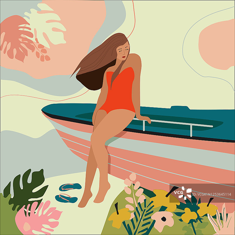 一个穿着泳衣的年轻女子倚在一艘船上晒太阳。热带丛林树叶的海滩派对。图片素材