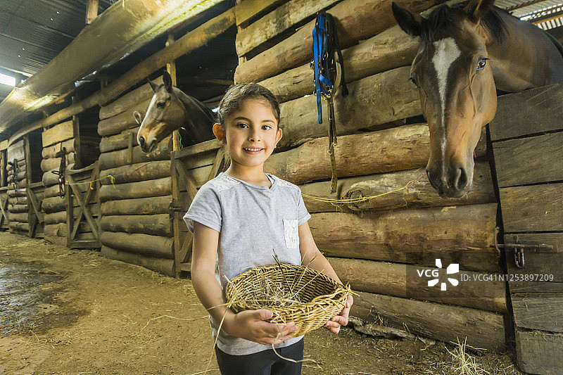 可爱的小女孩拿着一个装满干草的篮子在马厩里喂马图片素材