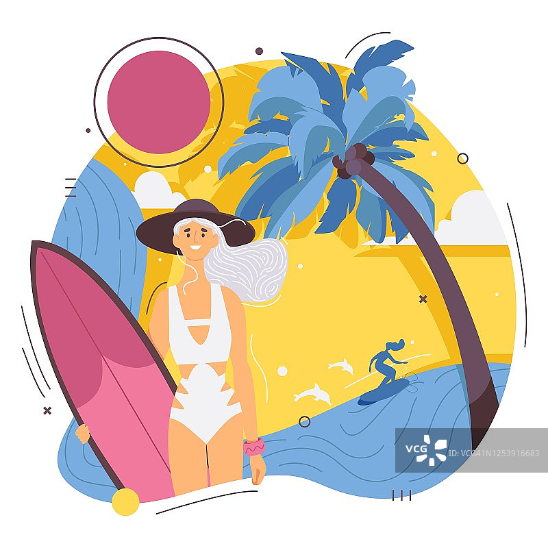 快乐的女性年轻冲浪者与冲浪板在夏天组成粉红色的太阳和棕榈树。场景适合冲浪学校和课程图片素材