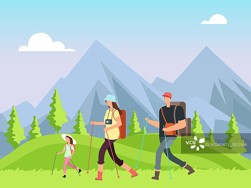 远足家庭在大自然中。徒步旅行的男人、女人和儿童与户外山地景观。夏季冒险矢量背景图片素材