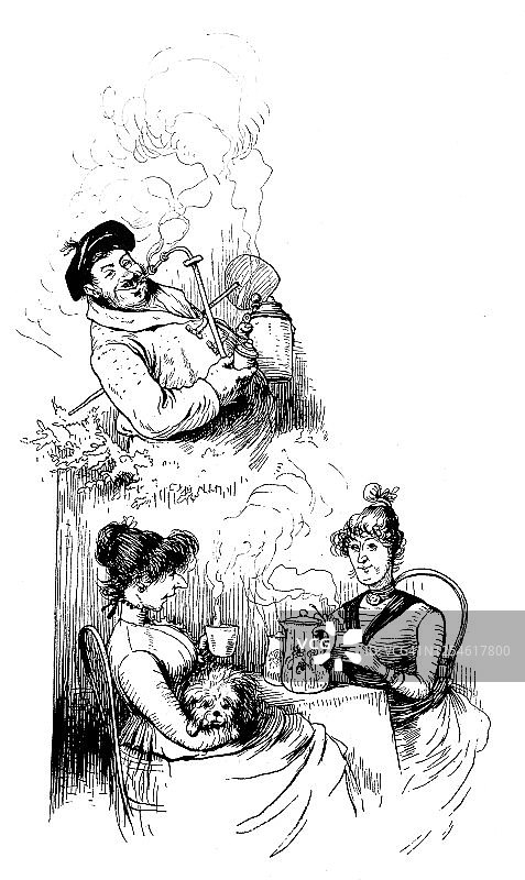 两个女人谈论一个抽烟斗喝啤酒的男人图片素材