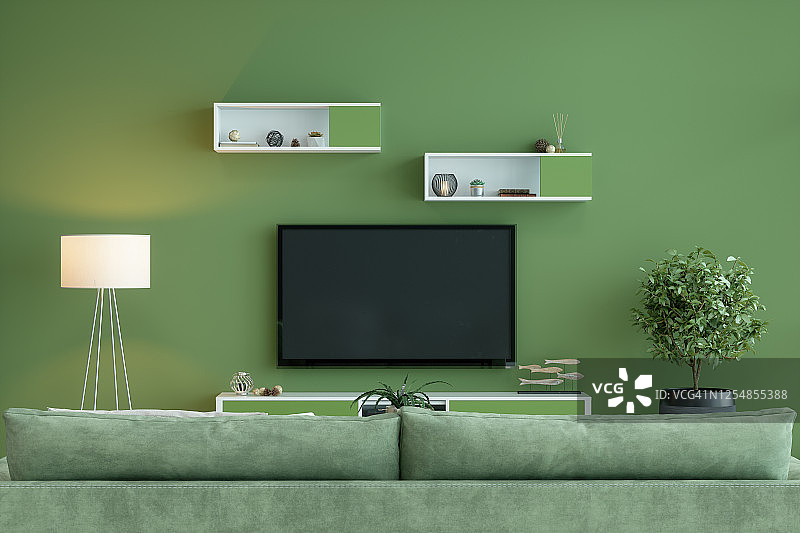 智能电视模型与空白屏幕在绿色房间图片素材