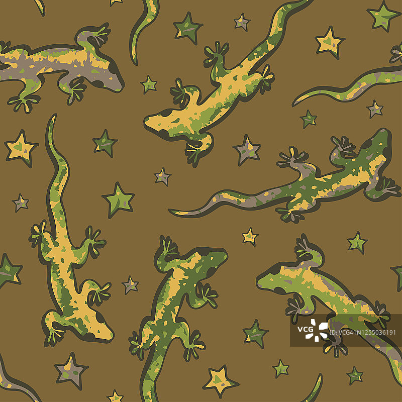 无缝矢量模式蜥蜴和星星在棕色的背景。可爱的壁虎动物墙纸设计。图片素材