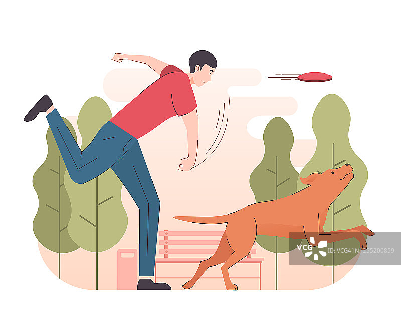 年轻人和他的狗玩，扔飞盘。人和宠物的活动图片素材