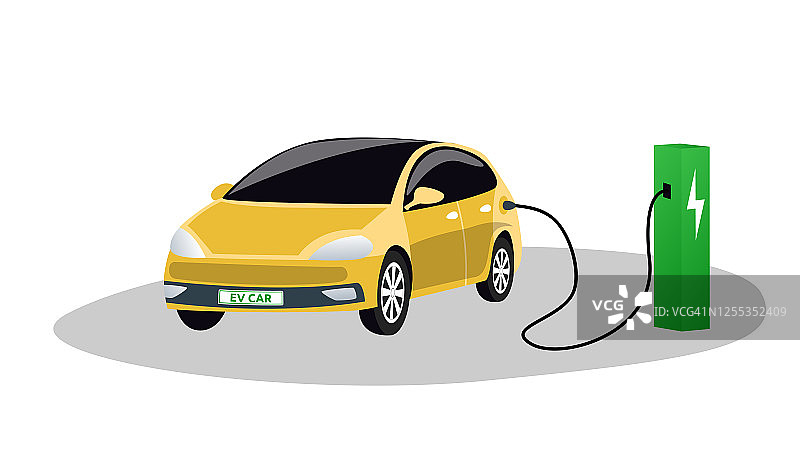 一辆电动汽车正从一个隔离在白色背景上的充电站充电。生态能源。向量图片素材