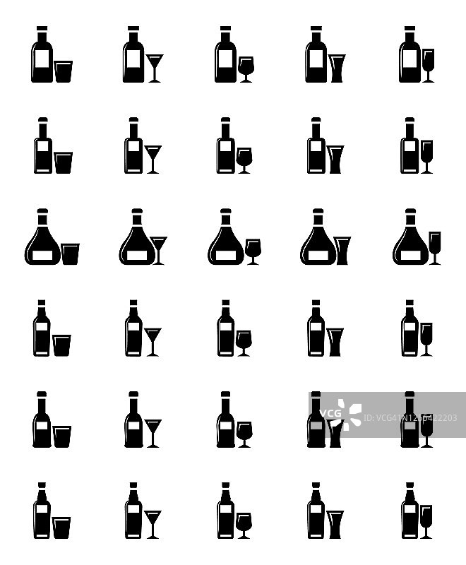 瓶子和杯子的威士忌图标集图片素材