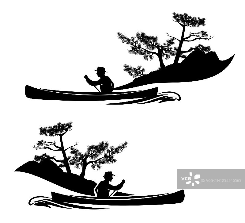 黑色矢量剪影的人划着独木舟和松树岸图片素材