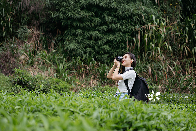 年轻的亚洲女子背包拍摄风景在茶园图片素材