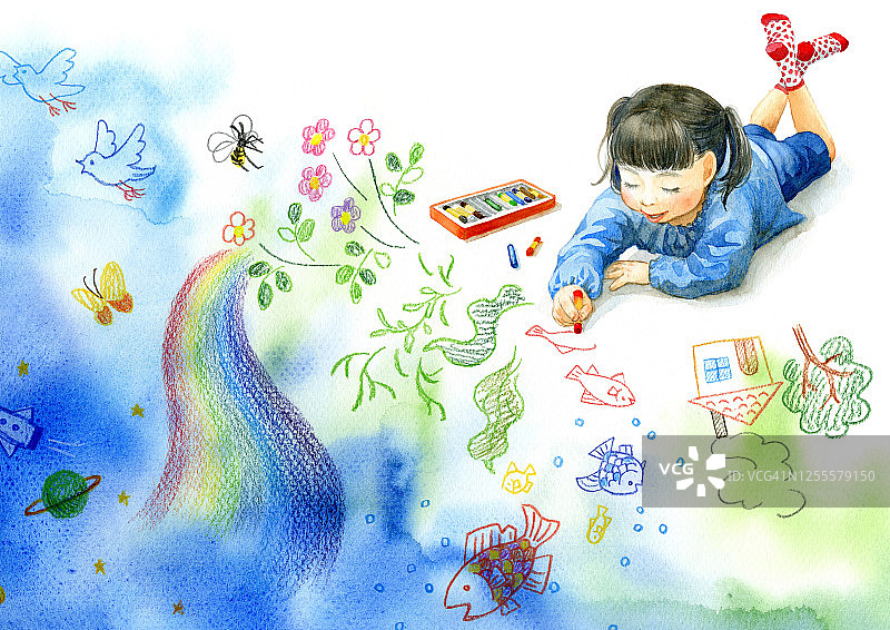 一个小女孩正在画画图片素材