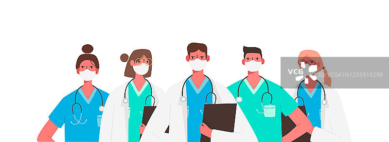 2019 - ncov冠状病毒。一组医生字符在白色医疗面具。停止冠状病毒的概念。医疗队医生、护士、治疗师、外科医生、专业医院工作者、医护人员。图片素材