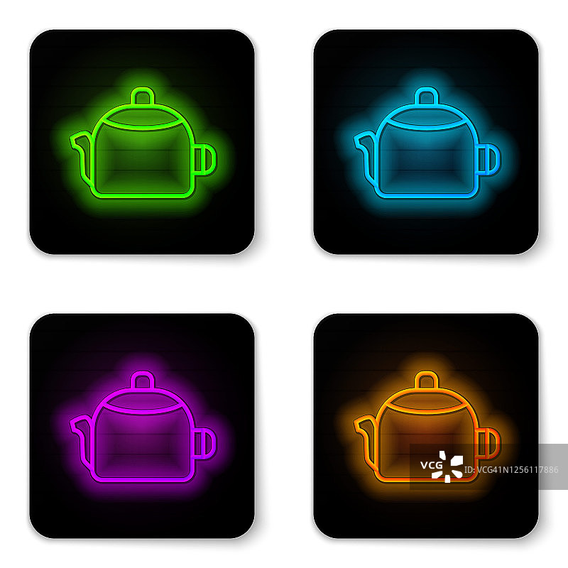 发光的霓虹灯线水壶与处理图标孤立的白色背景。茶壶图标。黑色方形按钮。向量图片素材