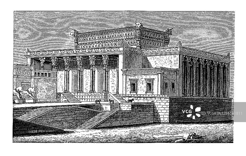 古老的雕刻插图薛西斯宫殿，波斯波利斯，伊朗-亚述，巴比伦，波斯，小亚细亚，腓尼基，希伯来建筑图片素材
