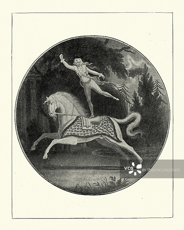 杂技马戏团骑马，阿斯特利圆形剧场，站在马背上图片素材