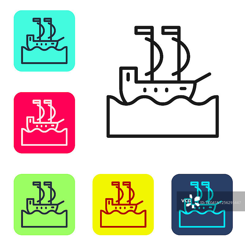 黑线帆船或帆船图标孤立在白色背景。航行，乘船，海上巡游。设置图标为彩色方框按钮。向量图片素材