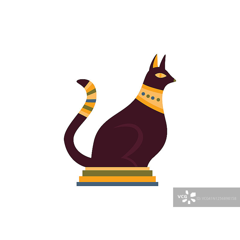 埃及黑猫动物在金项链平面矢量插图孤立。图片素材