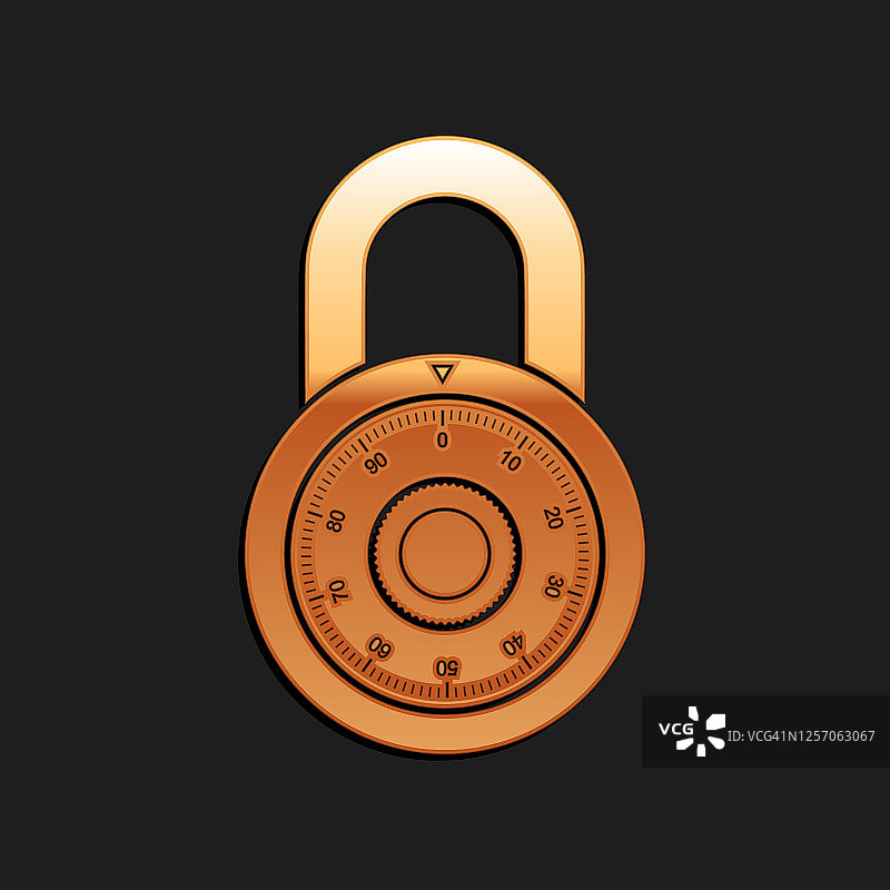 黄金安全组合锁轮图标隔离在黑色背景。组合挂锁。保护的概念。密码的信号。长长的阴影风格。向量图片素材