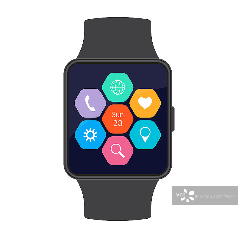 智能手表，屏幕上有应用程序图标。Smartwatch概念。矢量插图。图片素材