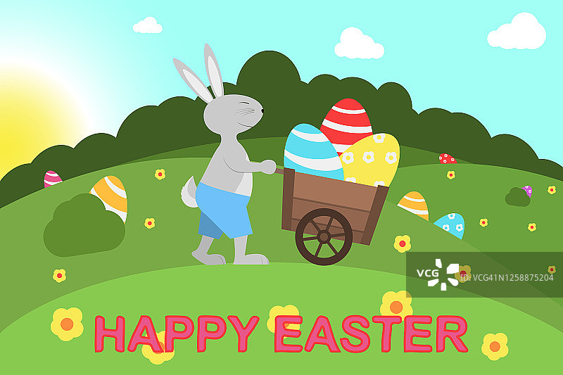 带着彩色复活节彩蛋的手推车的复活节兔子。推车里装着复活节兔子和复活节彩蛋。矢量插图。图片素材