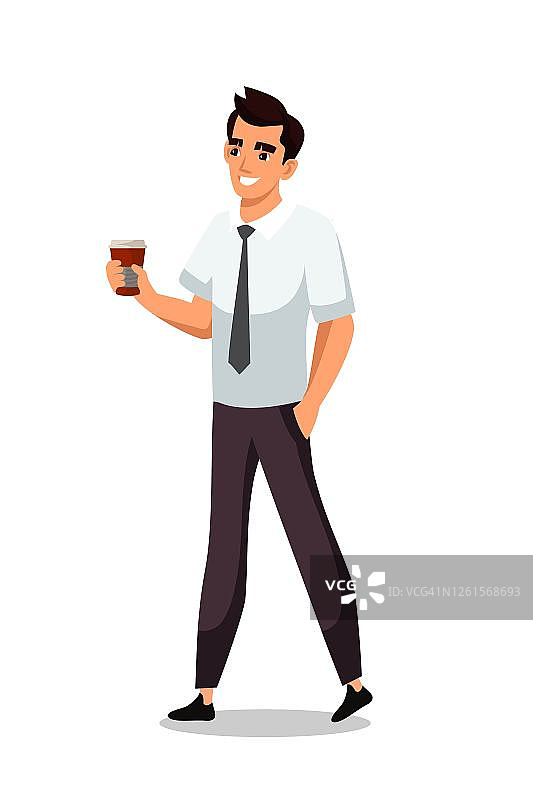 拿着一杯咖啡的商人。男职员在喝咖啡休息。微笑的男人喝饮料，人孤立在白色的背景。向量人物插图。图片素材