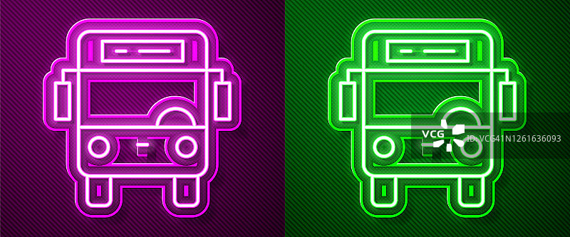 发光的霓虹灯线巴士图标孤立在紫色和绿色的背景。运输的概念。巴士旅游交通标志。旅游或公共交通工具标志。向量图片素材