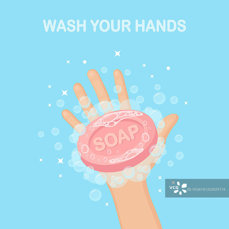 用肥皂泡沫，擦洗，凝胶泡沫洗手。个人卫生，日常生活概念。清洁身体。矢量动画设计图片素材